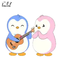 a penguin playing a guitar next to a penguin with hearts on its head