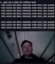 a picture of elon musk with the words " give me a tesla for infinite luck " at the top