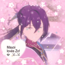 a purple haired anime character is surrounded by pink flowers and a heart that says mayoi loves zo
