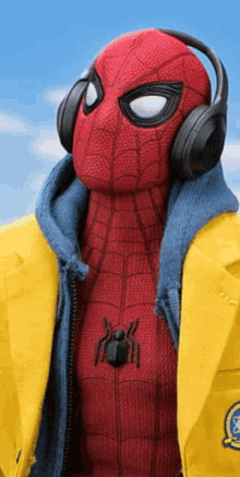 a spider man wearing a yellow jacket and headphones