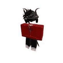 a 3d model of a roblox character with a red shirt and black hair .