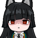 a cartoon girl with long black hair and red eyes is wearing a cat ear .