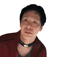 a man wearing a red jacket and a black choker