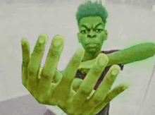 a cartoon character with green hands making a stop sign