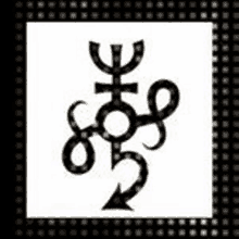 a black and white image of a symbol with a snake and a cross in a square .