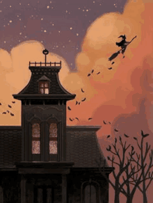 a witch is flying over a haunted house with a broom .