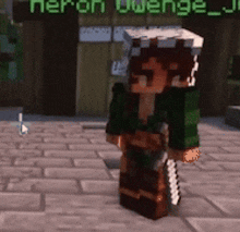 a minecraft character is standing on a brick sidewalk