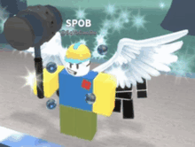 a roblox character with wings and a hammer has the name spob on the bottom