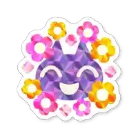 a sticker of a smiling purple cat surrounded by pink and yellow flowers .