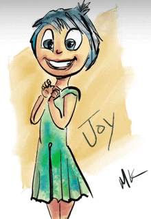 a drawing of a girl in a green dress with the word joy written below her