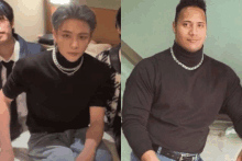 a man wearing a black turtleneck is next to another man wearing a black turtleneck