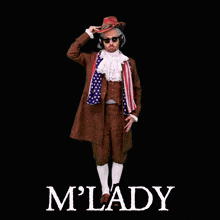 a man in a historical costume is holding a red hat and the word mlady is on the bottom