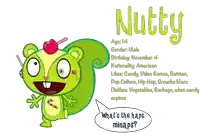 a cartoon of a squirrel named nutty with a cherry on his head