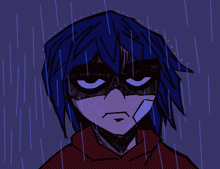 a drawing of a person with blue hair and a mask