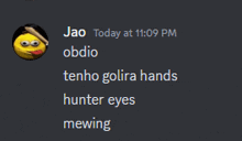 a screenshot of a conversation between jao obdio and hunter eyes