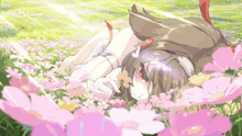 a girl with red eyes is laying in a field of flowers