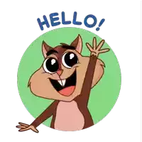 a cartoon squirrel says hello with its hand up