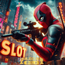 a poster of deadpool holding a gun in front of a slot museum bola sign