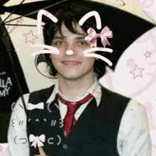 a man wearing a vest and tie with a cat face on his face