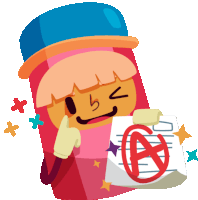 a cartoon character holding a piece of paper with a red circle in the middle