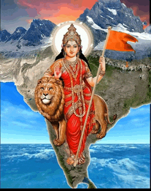 a painting of a woman holding a flag and a lion