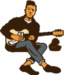 a cartoon of a man playing a guitar with the letter n on his shirt