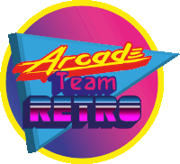 a colorful logo for arcade team retro in the 80s