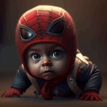 a baby wearing a spiderman costume crawls on the floor