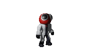 a cartoon character with a red head and a white suit is walking .