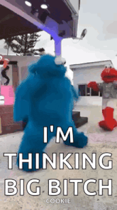 a cookie monster is standing next to elmo and says i 'm thinking big bitch .