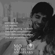 a black and white photo of a man hugging a woman with a quote from mo writes and speaks on the bottom