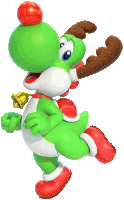 a green yoshi with a reindeer antlers and a bell on his neck