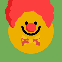 a clown with red hair and a bow tie smiles on a green background