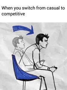 a drawing of a man sitting in a chair with a blue arrow pointing to his back