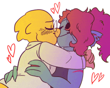 a drawing of two cartoon characters kissing with hearts surrounding them