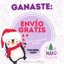 a penguin with a santa hat and scarf is holding a candy cane in front of a sign that says " ganaste "