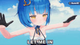 a girl with blue hair says let me in in a video game