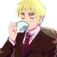 a man in a suit and tie is drinking from a tea cup