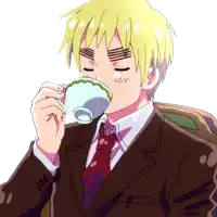 a man in a suit and tie is drinking from a tea cup