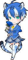 a girl with blue hair and green eyes holds a blue rose