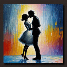 a painting of a man and woman kissing on a colorful background