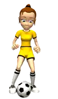 a cartoon girl in yellow shorts kicking a soccer ball