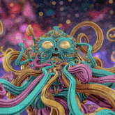a painting of a colorful octopus with a purple and yellow tentacle