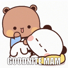 a cartoon bear is petting another bear with the words goodnite mam written below them