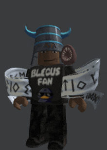 a person wearing a black shirt that says blecus fan on it