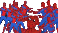 a group of spider men are standing around a spider man laying on the ground .