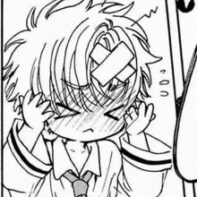 a black and white drawing of a young boy with a bandage on his head .