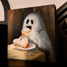 a ghost is eating a piece of cake on a plate