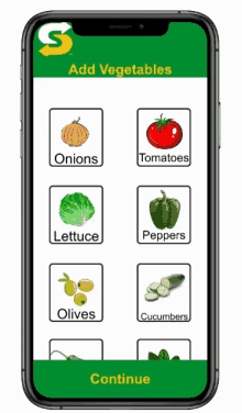 a phone screen shows a list of vegetables including onions tomatoes lettuce peppers olives cucumbers and more