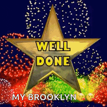 a gold star with the words `` well done '' written on it